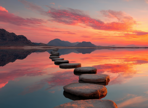 Stepping stones leading across water towards mountains at sunset