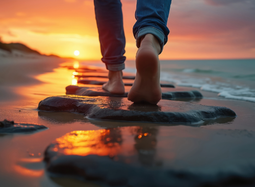 Bare feet walking along stepping stones towards the sunset