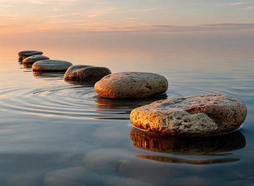 Smooth stepping stones resting calmly in still water at sunset